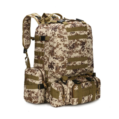 Mochila color desert camo táctica militar de asalto con capacidad de 50 litros para acampada senderismo rutas y excursión, estilo supervivencia, bolso multifuncional 4 en 1 para montaña o monte, camping, trekking, fitness y viaje